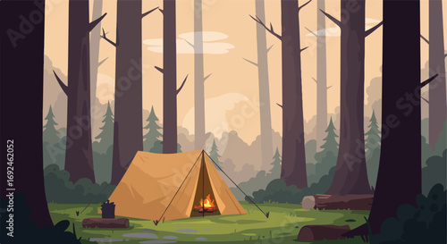 Forest campsite Tent with fire amongst trees