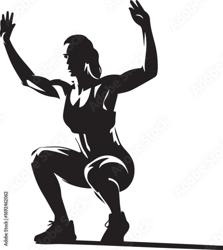 Fit woman silhouette performing squat exercise with arms raised empowering fitness strength training