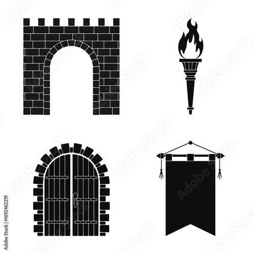 Medieval castle elements silhouette set torch gate fortress wall banner icons for design silhouette vector illustration white background
