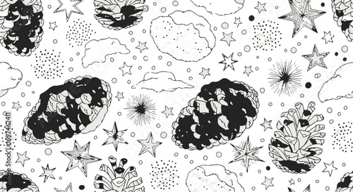 Seamless winter pattern with hand drawn pine cones stars and clouds in monochrome style background