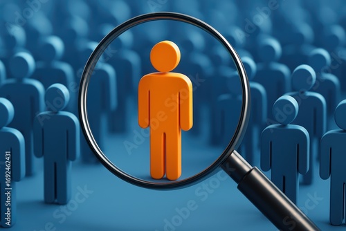 Recruitment Selection: A symbolic illustration of a person being scrutinized, with a magnifying glass held over them amidst a group of figures.