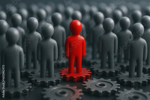 Leader Among The Gears: A bold red figure stands out among a crowd of grey, embodying leadership, innovation, and a unique perspective, all while connected by gears.