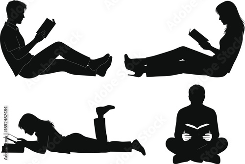 Silhouettes of people reading books in relaxed postures, sitting or lying down, showcasing casual lifestyle, leisure activity, and educational concept, vector illustration