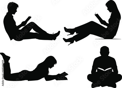 Silhouettes of people reading books in seated and reclined positions, casual clothing, relaxed posture, leisure activity, educational concept, vector illustration design