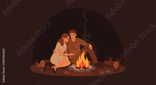 Campfire cuddle couple by crackling flames