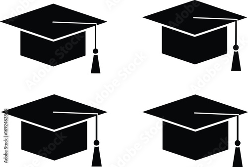 Graduation cap vector set, black mortarboard icon, tassel on right side, academic achievement symbol, school ceremony graphic, education milestone illustration