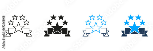 Five-Star Award Ribbon Line And Solid Icon Set. Excellence, Achievement, And Quality Recognition Symbol Collection. Celebratory And Honorary Design Elements. Isolated Vector Illustration