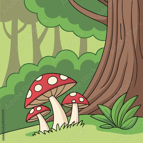 Three cartoon mushrooms sit near a tree trunk in a vibrant forest scene