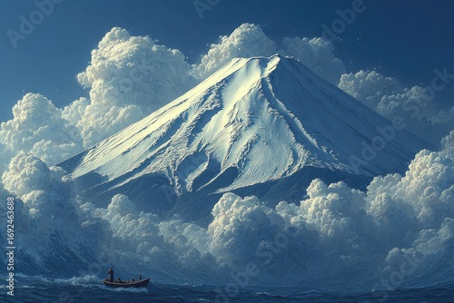Majestic mountain peak, snow-capped,  rises above  massive clouds, a small boat on the sea