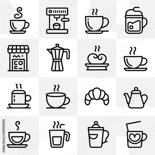 Collection of 16 cafe and coffee shop icon elements for food service and beverage businesses silhouette vector illustration white background