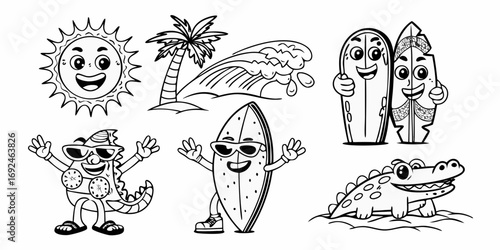 Collection of fun cartoon characters enjoying a sunny day at the beach with surfboards and waves