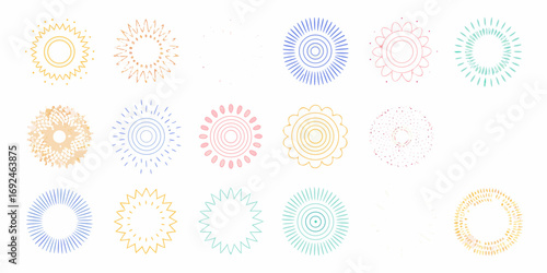 Collection of colorful abstract sunburst and starburst graphic elements on a white background
