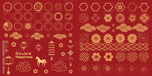 Collection of golden chinese new year decorative elements on red background