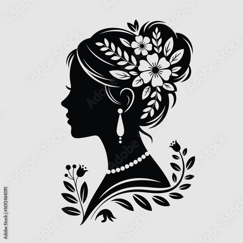 Elegant woman silhouette profile with flowers and pearl jewelry classic beauty art silhouette vector illustration white background