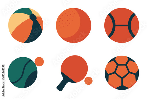 Sports equipment flat icon set. featuring beach ball, golf ball, baseball, tennis ball, ping-pong paddle, and soccer ball.