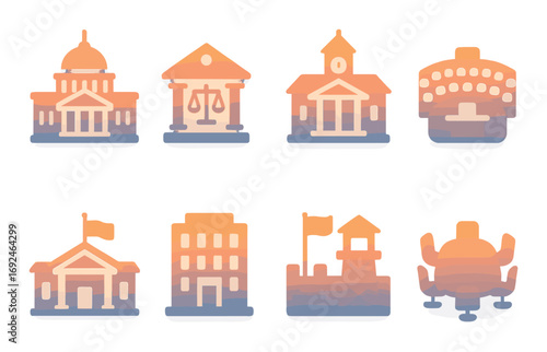Government buildings neon silhouette icon set. featuring courthouse, city hall, capitol, and prison symbols.