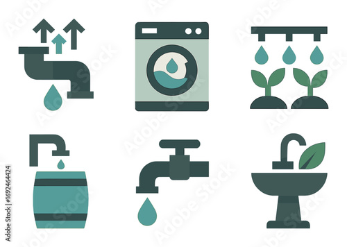 Eco solutions flat icons set. featuring water saving, washing machine, irrigation, rain barrel, faucet, eco sink.