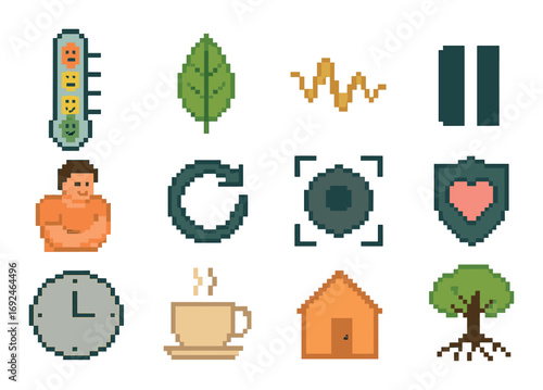 Wellness and nature flat icon set. featuring thermometer, leaf, soundwave, pause, person, refresh, focus, heart, clock, coffee, house, tree.