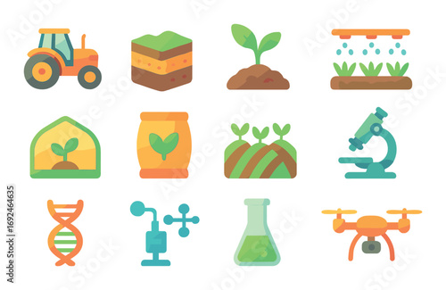 Agriculture and science gradient icon set. featuring tractor, soil, seedlings, greenhouse, dna, and drone symbols.