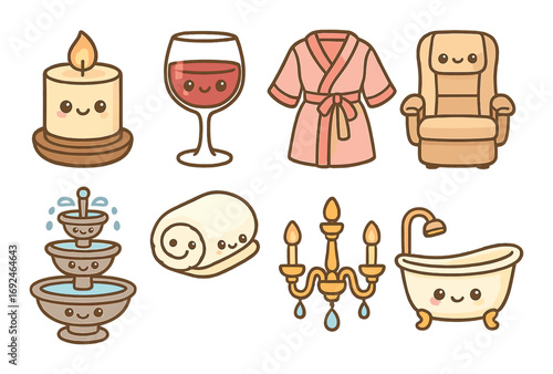 Home relaxation linear icon set. featuring candle, wine, robe, recliner, fountain, towel, chandelier, bathtub.