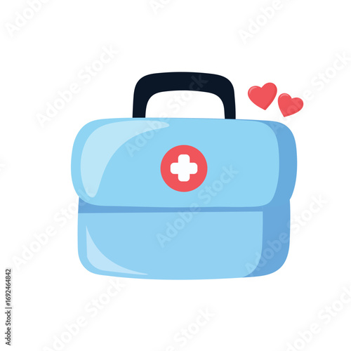 Light blue medical bag with black handle and red heart icons. Features a red circle with white cross symbolizing first aid and care. Flat vector style ideal for healthcare, emergency, or wellness
