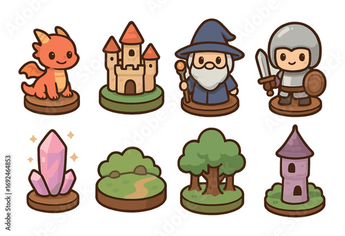 Fantasy adventure flat icon set. featuring dragon, castle, wizard, knight, crystal, forest, trees, and tower.