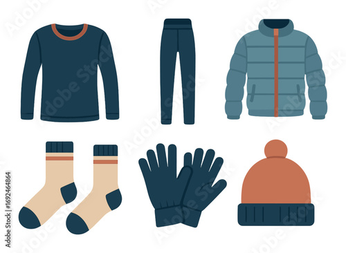 Winter clothing flat icon set. featuring sweater, pants, jacket, socks, gloves, and beanie symbols.
