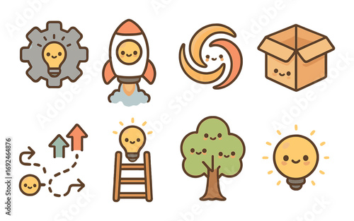 Business growth flat icon set. featuring gear, rocket, cycle, package, strategy, ladder, tree, idea symbols.