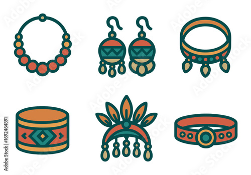 Jewelry fashion flat icon set. featuring necklace, earrings, bracelet, ring, tiara, and bangle designs.