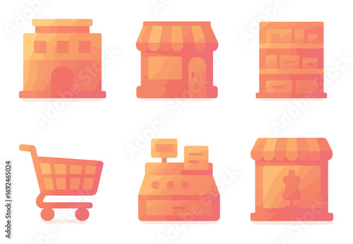 Shopping silhouette icon set. featuring store, market, shopping cart, register, shelf, and display icons.