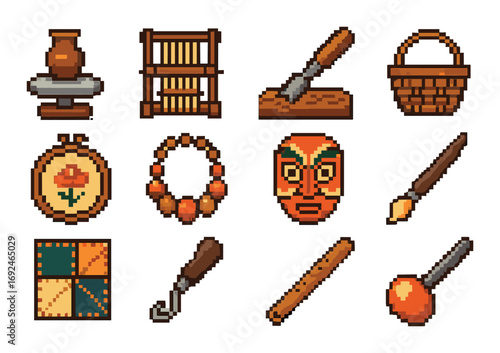 Crafts and hobbies pixel art icon set. pottery, weaving, woodcarving, basketry, embroidery, jewelry.