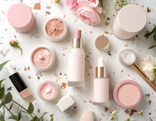 Pastel Pink Beauty Products Flatlay on Marble