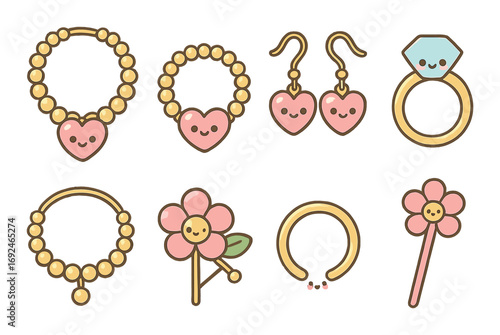 Jewelry flat icon set. featuring earrings, necklace, bracelet, ring, and brooch symbols.