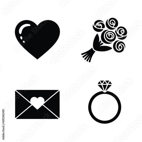 Romantic symbols heart bouquet envelope and ring minimalist silhouettes for celebrations silhouette vector illustration white background