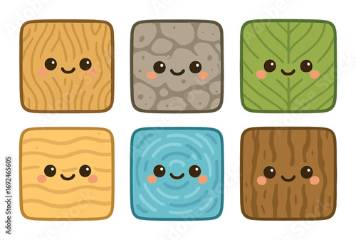 Nature elements flat icon set. featuring wood, stone, leaf, sand, water, and bark symbols.