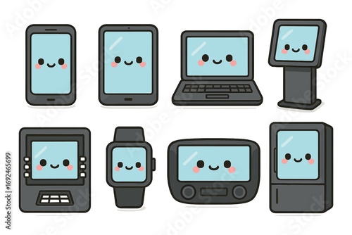 Technology devices flat icon set. featuring smartphone, tablet, laptop, kiosk, smartwatch, and monitor.