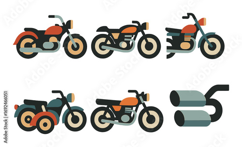 Motorcycle silhouette icon set. featuring chopper, cruiser, sportbike, touring, scooter, and exhaust symbols.