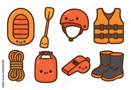 Outdoor adventure flat icon set. featuring raft, paddle, helmet, life jacket, rope, dry bag, whistle, boots.
