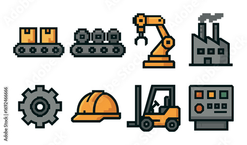 Industrial equipment flat icon set. featuring factory, conveyor, gear, robot arm, helmet, forklift, and control panel.