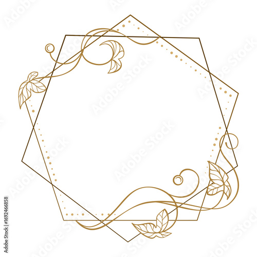 Decorative polygon frame with leaves and curls. Elegant geometric border for invitations and greetings