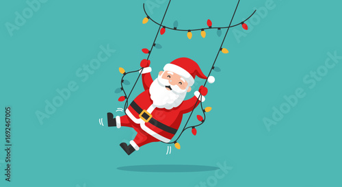 Vector Cartoon Illustration of Santa Claus Swinging on String of Colorful Christmas Lights Isolated on Aqua Blue Background Funny Holiday Design