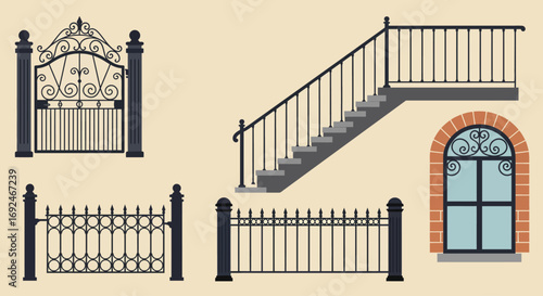 Vector Set of Wrought Iron Wicket Stairs Railing Fence and Window Decorative Design