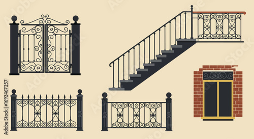 Vector Set of Wrought Iron Wicket Stairs Railing Fence and Window Decorative Design
