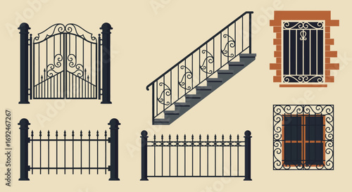 Vector Set of Wrought Iron Wicket Stairs Railing Fence and Window Decorative Design