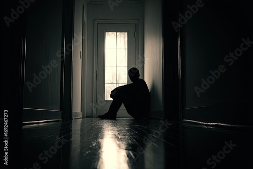 Wallpaper Mural A solitary figure sits in a dimly lit hallway, facing a window Torontodigital.ca