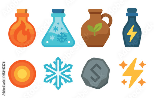 Potion and element flat icon set. featuring fire, ice, plant, electricity, target, snowflake, rock, and stars..