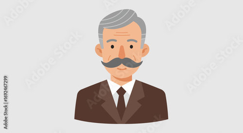 Vector Cartoon Business Avatar of Gray Haired Man with Moustache in Brown Suit Illustration