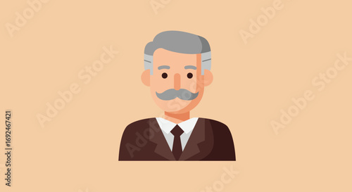Vector Cartoon Business Avatar of Gray Haired Man with Moustache in Brown Suit Illustration