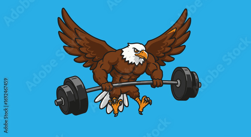 Vector Cartoon Bald Eagle Diving with Barbell Weightlifting Mascot Illustration