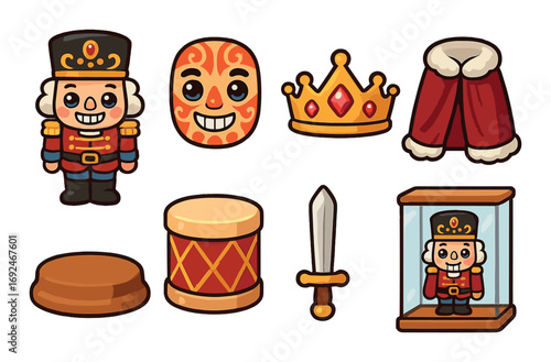 Christmas nutcracker flat icon set. featuring nutcracker, mask, crown, cloak, drum, sword, stage.